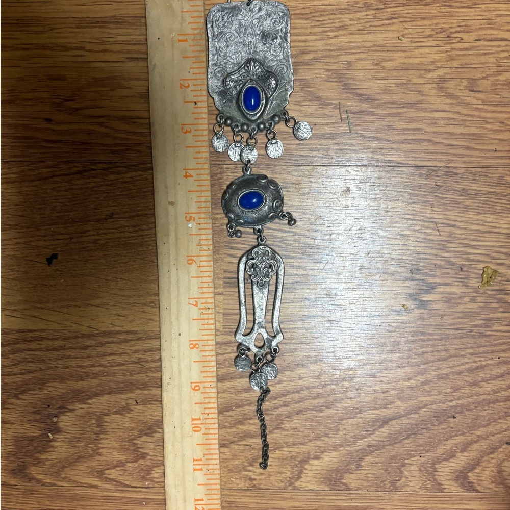 Vintage Afghan Silver-Tone Boho Pendant with Cobalt Blue Cabochons